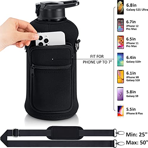 Half Gallon Water Bottle with Sleeve 64 OZ Water Bottle with Handle & Straw Leakproof Motivational Sports Gym Water Bottle with Time Marker BPA Free Water Jug with Neoprene Holder