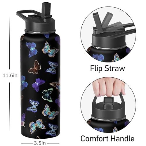 40oz Butterfly Water Bottle with Handle and Flip Straw