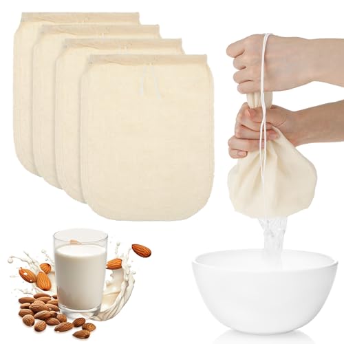 4 Pack Cotton Nut Milk Bag 8 × 6 Inches Fine Mesh Cheese Cloth Multiple Usage Reusable Food Strainer Professional Cold Brew Filter for Straining Juice Coffee Yogurt Tea (4 Count)