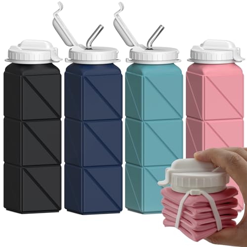 Collapsible Water Bottles with Straw 21 oz (4 Count)