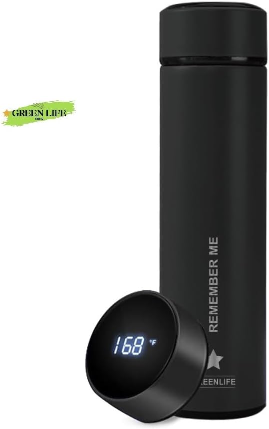 GreenLife Hydro Smart Sports Water Bottle with LED Temp Display, Vacuum Insulated Stainless Steel,Cold 36 Hrs, Hot 24 Hrs, BPA-Free, Leak Proof, for Travel & Outdoor ((Black)