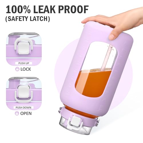 84oz Water Bottle Glass with Stainless Steel Handle Large 2.5l Water Bottle with Time Markers and Silicone Sleeve Half Gallon Water Jug BPA Free for Gym Daily Use