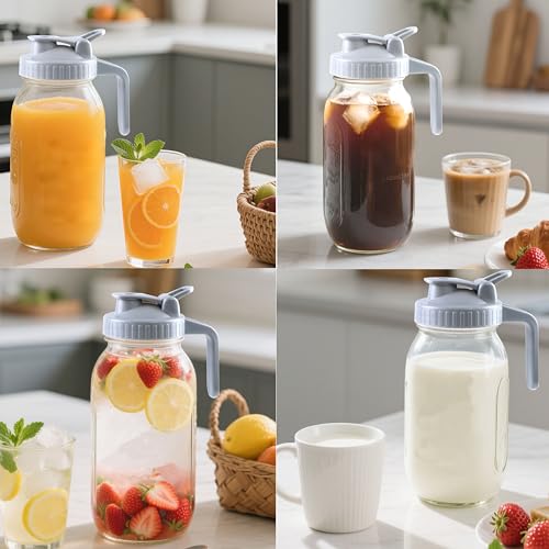 Glass Mason Jar Pitcher With Lid 64 Oz Wide Mouth Sun Tea Jar Half Gallon Cold Hot Water Pitcher 2 Quart Brew Coffee Jug Carafe For Fridge (2 Count)