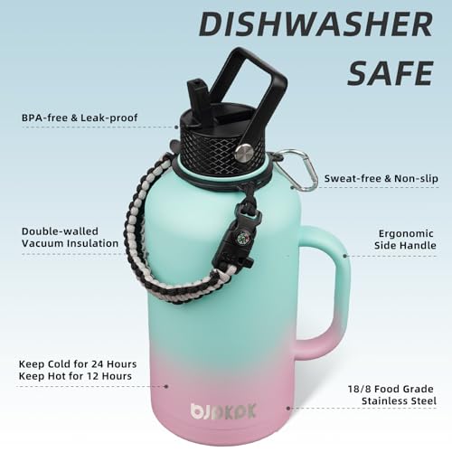 64oz Insulated Water Bottle with Straw Lid Large Stainless Steel Jug