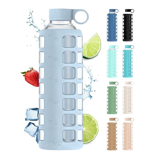 40oz / 32oz / 22oz / 12oz Borosilicate Glass Water Bottle with Time & Volume Markers, Silicone Sleeve, Stainless Steel Lid | Reusable Glass Bottle for Water & Juice (32oz Ice Blue)