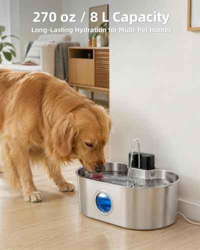 8L 270oz Cordless Stainless Steel Dog Water Fountain Pet Fountain