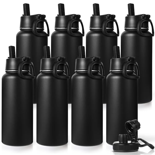 32 oz Insulated Water Bottles Bulk with 2 Lids (8 Count)