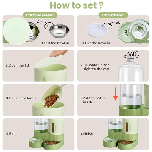 Automatic Cat Feeder Stainless Steel Water Dispenser Gravity Food Feeder and Waterer Set with Pet Food Bowl for Small Medium Kitten Puppy Pets Large Capacity