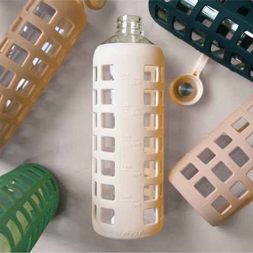 40oz / 32oz / 22oz / 12oz Borosilicate Glass Water Bottle with Time & Volume Markers, Silicone Sleeve, Stainless Steel Lid | Reusable Glass Bottle for Water & Juice (32oz Pearled Ivory)