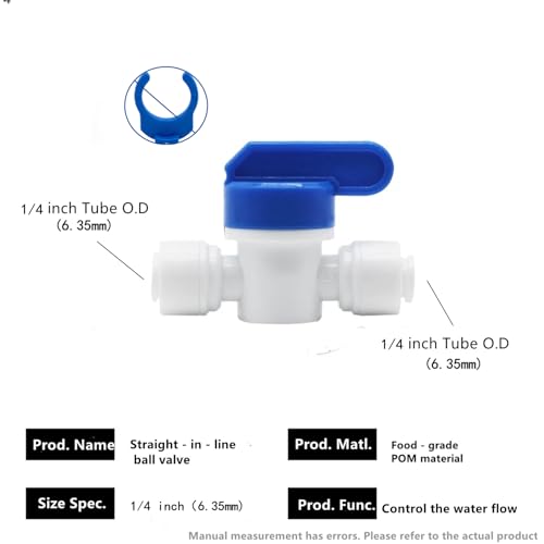 1 4 inch OD Tubing&Hose&Pipe Use Inline Shut Off Ball Valve Plastic Quick Connect Fittings for Water Purifier RODI System (10 Count)