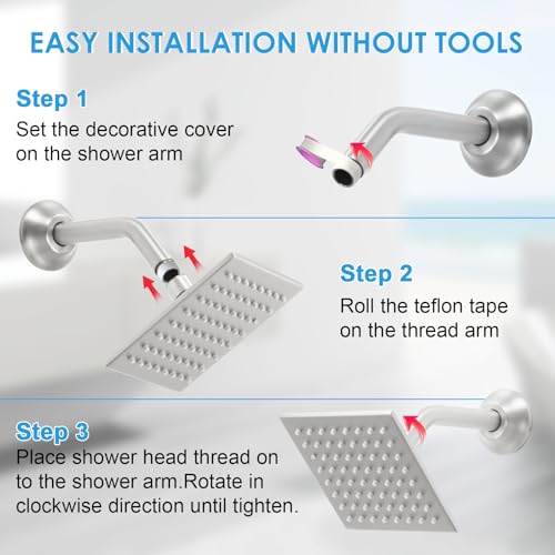 6 Inch Square Shower Head Stainless Steel High Pressure Rain Shower Heads with Extension Arm Adjustable Angle Replacement Shower Head for Modern Bathroom
