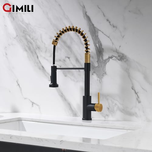 Black and Gold Kitchen Faucet with Pull Down Sprayer