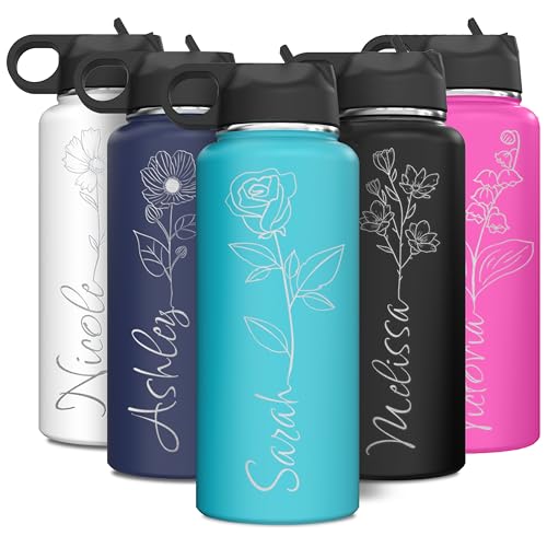 Personalized Birth Flower Water Bottle Vertical Engraved 32 oz Stainless