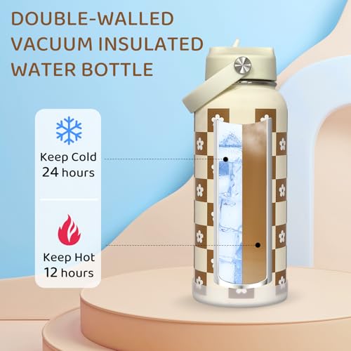 32oz Checker Gifts Insulated Water Bottle for Women with Straw