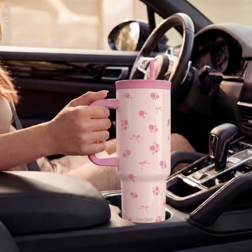 Rose Stainless Steel Locking Lid Silicone Straw Tumbler with Handle 40oz
