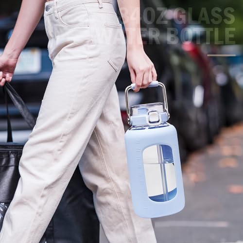 84oz Water Bottle Glass with Stainless Steel Handle Large 2.5l Water Bottle with Time Markers and Silicone Sleeve Half Gallon Water Jug BPA Free for Gym Daily Use