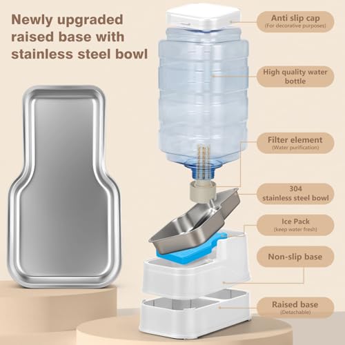 2.2 Gallon Pet Automatic Dog Water Dispenser Cat Gravity Waterer Feeder with Stainless Steel Bowl Large Capacity Puppy Feeding Raised Bowls with Filter