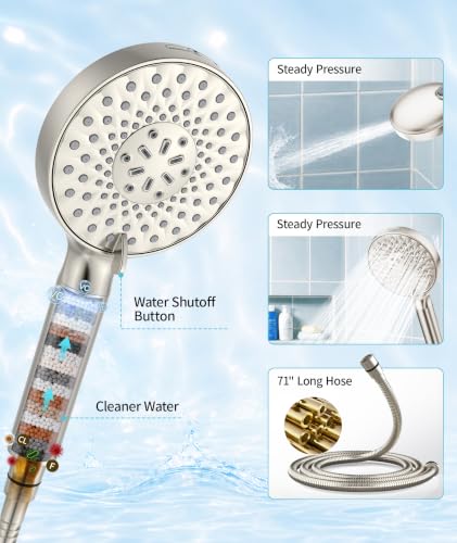 Filtered Shower Head with Handheld High Pressure 9 Spray Mode Showerhead Detachable Shower Head Water Softener Filters Beads for Hard Water Remove Chlorine 1 Filter Brushed Nickel
