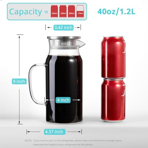 1.2 Liter 40 oz Small Glass Pitcher with Lid and Handle