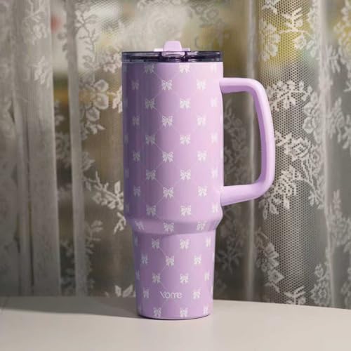 40oz Purple Bow Tumbler with Handle and Flip Straw