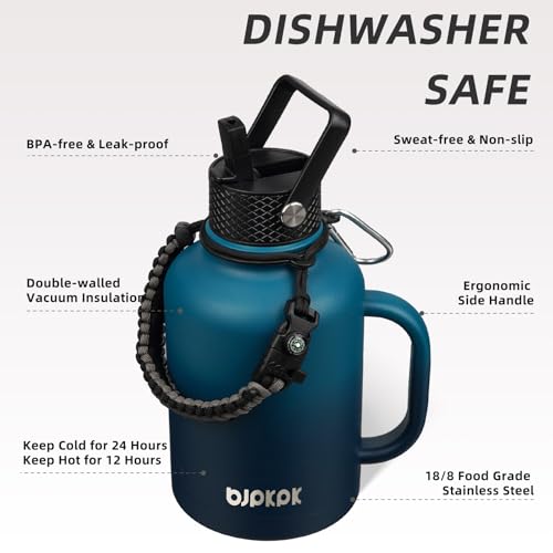 50oz Insulated Water Bottle with Straw Lid Stainless Steel Water Jug