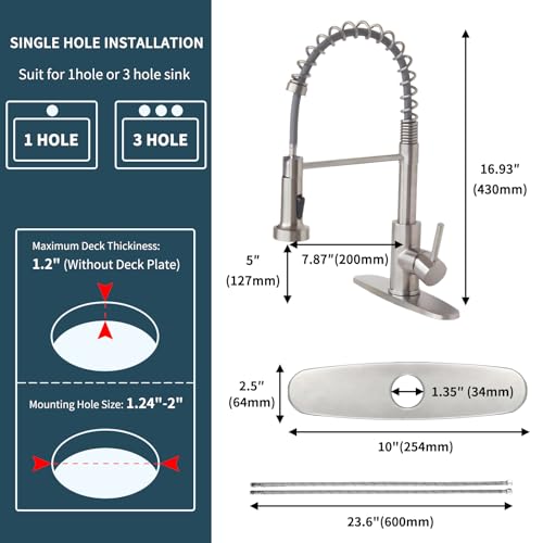 Kitchen Faucet with Pull Down Sprayer SUS304 Stainless Steel High Arc Brushed Nickel Pull Out Kitchen Sink Faucets Utility Laundry Farmhouse Camper Rv Modern for 1 or 3 Hole Sink