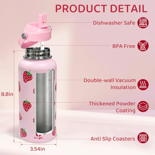 32oz Strawberry Insulated Water Bottle for Women with Straw