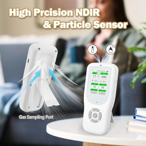 11-in-1 Air Quality Monitor - Portable Indoor Air Quality Detector with Stand, Real-Time Test for AQI, CO2, PM2.5, PM1.0, PM10, TVOC, HCHO, Particles, Humidity & Temperature