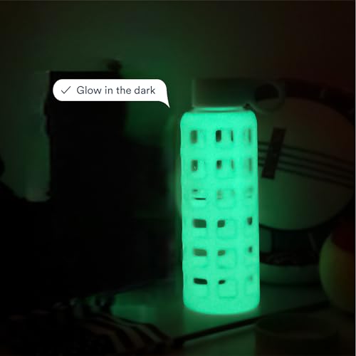 40oz / 32oz / 22oz / 12oz Borosilicate Glass Water Bottle with Time & Volume Markers, Silicone Sleeve, Stainless Steel Lid | Reusable Glass Bottle for Water & Juice (12oz Glow-in-the-Dark)