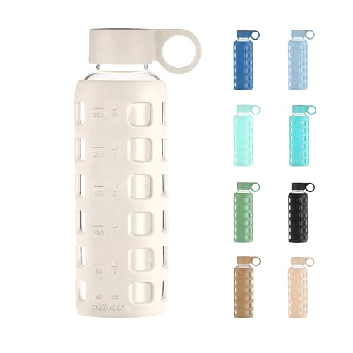 40oz / 32oz / 22oz / 12oz Borosilicate Glass Water Bottle with Time & Volume Markers, Silicone Sleeve, Stainless Steel Lid | Reusable Glass Bottle for Water & Juice (12oz Pearled Ivory)