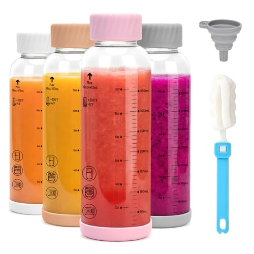Borosilicate Glass Water Bottles with Stainless Steel Lid 16 oz (4 Count)