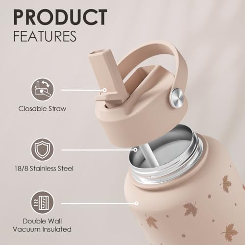 Maple Leaf Water Bottle 32oz Stainless Steel with Lid & Straw