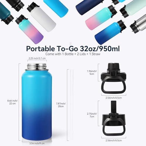 32 oz Insulated Water Bottles Bulk with 2 Lids (4 Count)