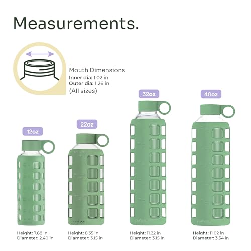 40oz / 32oz / 22oz / 12oz Borosilicate Glass Water Bottle with Time & Volume Markers, Silicone Sleeve, Stainless Steel Lid | Reusable Glass Bottle for Water & Juice (12oz Shale Green)