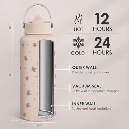 Maple Leaf Water Bottle 32oz Stainless Steel with Lid & Straw