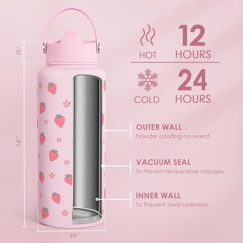 Strawberry Water Bottle 32oz Stainless Steel with Lid & Straw