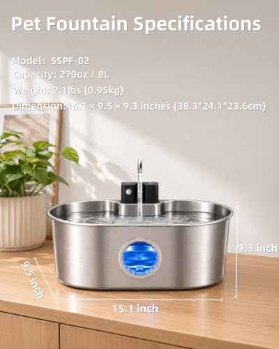8L 270oz Cordless Stainless Steel Dog Water Fountain Pet Fountain