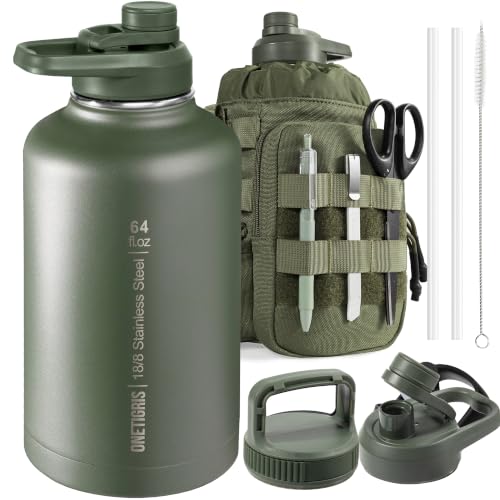 64oz Tactical Insulated Water Bottle with 3 Lids & MOLLE Pouch