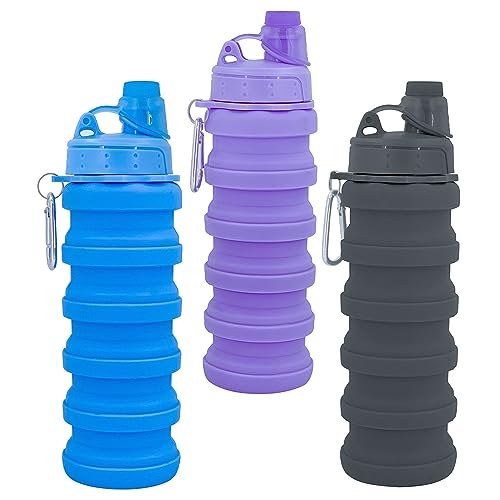 Collapsible Water Bottles Three Pack Travel Sports Portable Sport Water Bottle comes with mountaineering Buckle 500ml silicone Water (3 Count)