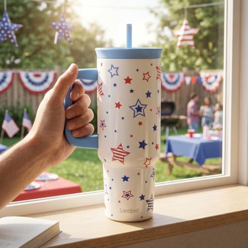 American Flag Stainless Steel Locking Lid Silicone Straw Tumbler with Handle 40oz