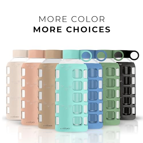 40oz / 32oz / 22oz / 12oz Borosilicate Glass Water Bottle with Time & Volume Markers, Silicone Sleeve, Stainless Steel Lid | Reusable Glass Bottle for Water & Juice (22oz Glow-in-the-Dark) (4 Count)