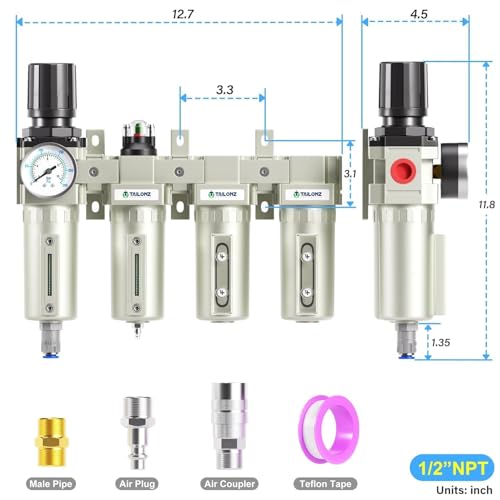 0-240 PSI 1/2 Inch NPT Industrial Grade 4-Stage Air Drying System, Particulate Filter, Dual Desiccant Dryer, 5 Micron & 0.01 Micron Filtration (Auto Drain)