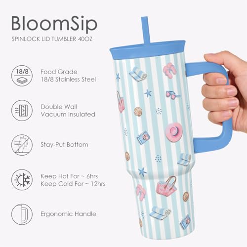Beach Lover Stainless Steel Locking Lid Silicone Straw Tumbler with Handle 40oz