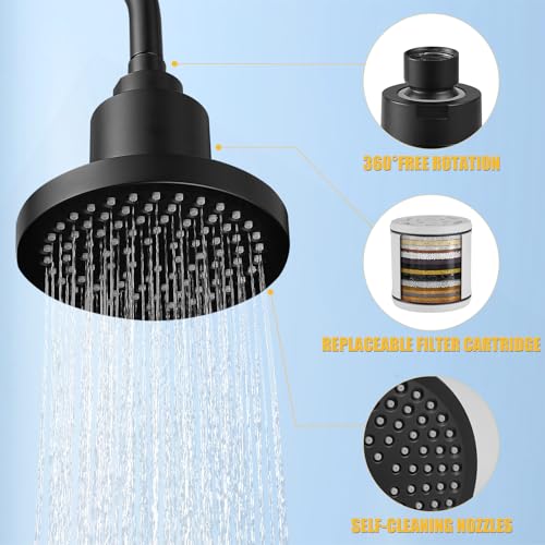Filtered 6 Inch Round Rain Shower Head High Pressure Rainfall Showerhead Filter Heavy Duty For Hard Water Universal for Remove Chlorine and Harmful Substances Matte Black