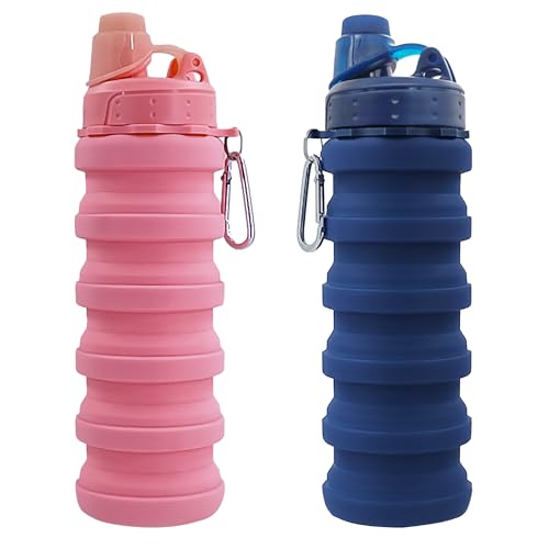 Collapsible Water Bottles Two Pack Travel Sports Portable Sport Water Bottle comes with mountaineering Buckle 500ml silicone Water (2 Count)
