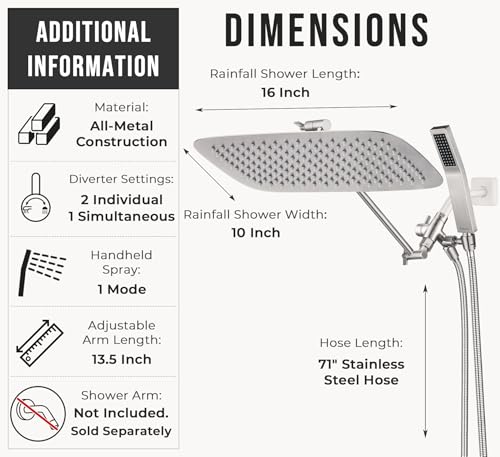 All Metal 16" Rain Shower Head with Handheld for Bathroom Upgrade