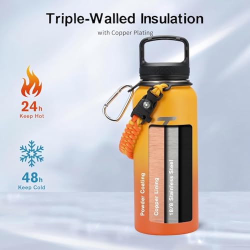 Insulated Water Bottle 32 oz with 3 Lids