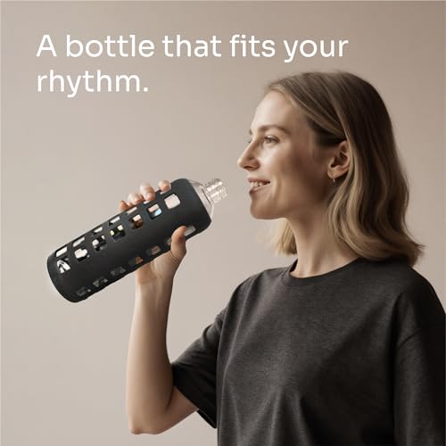 40oz / 32oz / 22oz / 12oz Borosilicate Glass Water Bottle with Time & Volume Markers, Silicone Sleeve, Stainless Steel Lid | Reusable Glass Bottle for Water & Juice (32oz Jet Black)