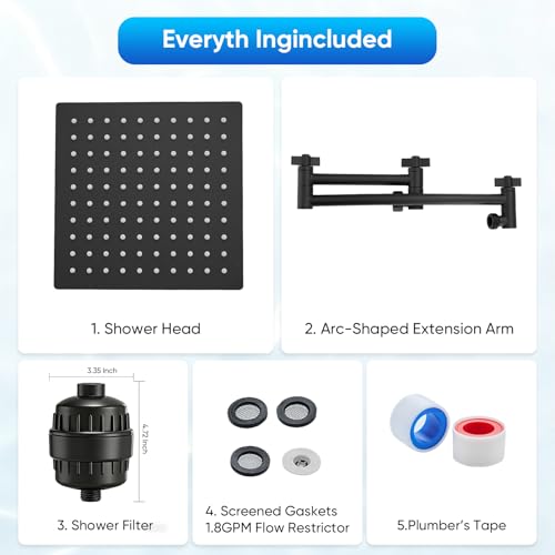 8 Inch Rain Shower Head with 16 Inch Extension Arm for Hard Water