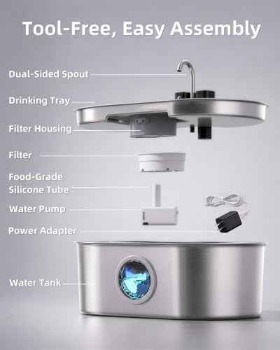 8L 270oz Cordless Stainless Steel Dog Water Fountain Pet Fountain